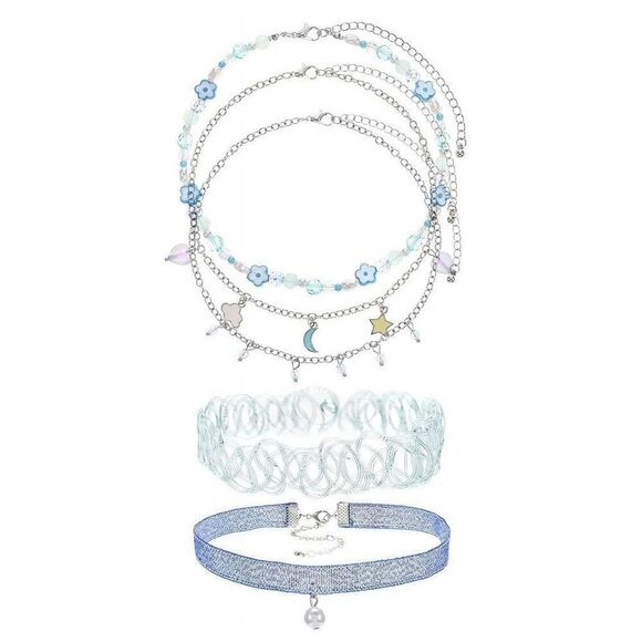 Wonder Nation Girls Blue Choker Necklace Set 5pc Hearts Stars Moon Flower Pearl - Picture 1 of 3